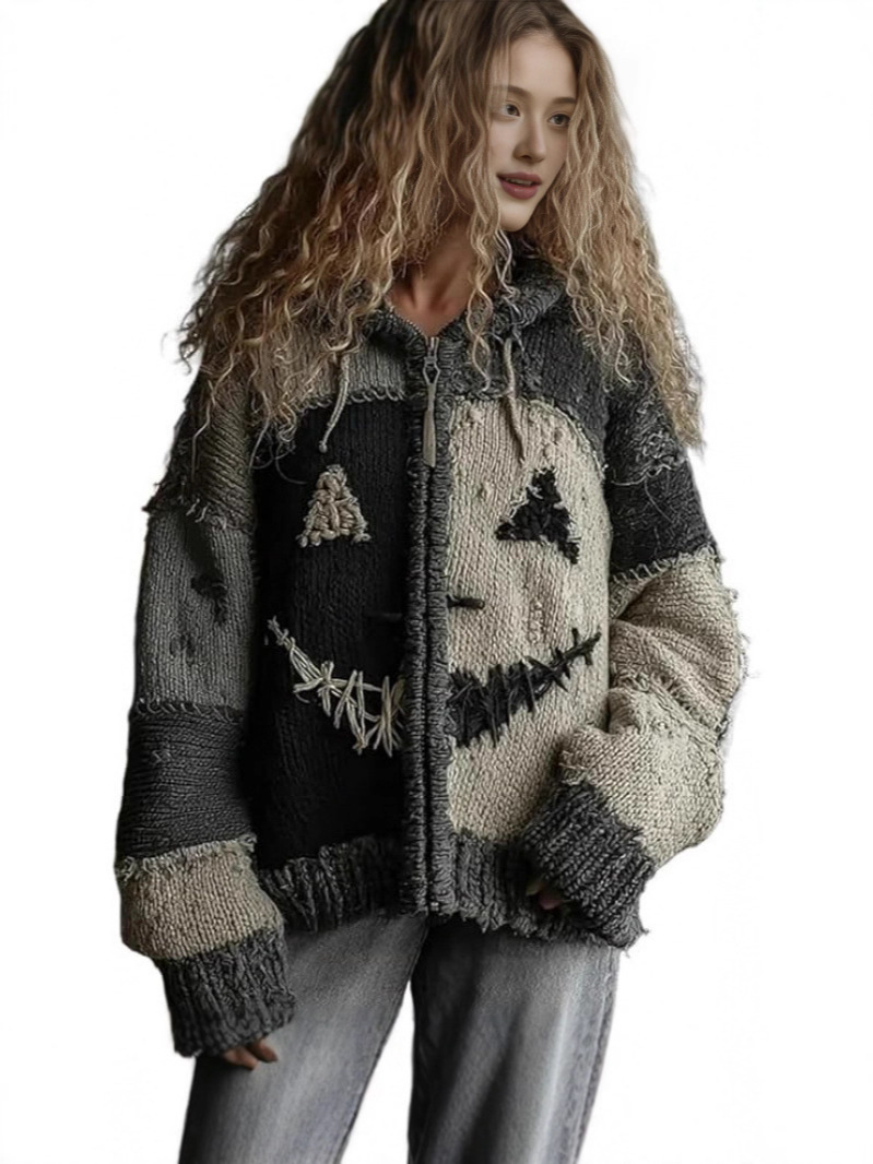 Halloween Sweater Winter Gothic Oversized Knit Cardigan Patchwork Print Knit Top